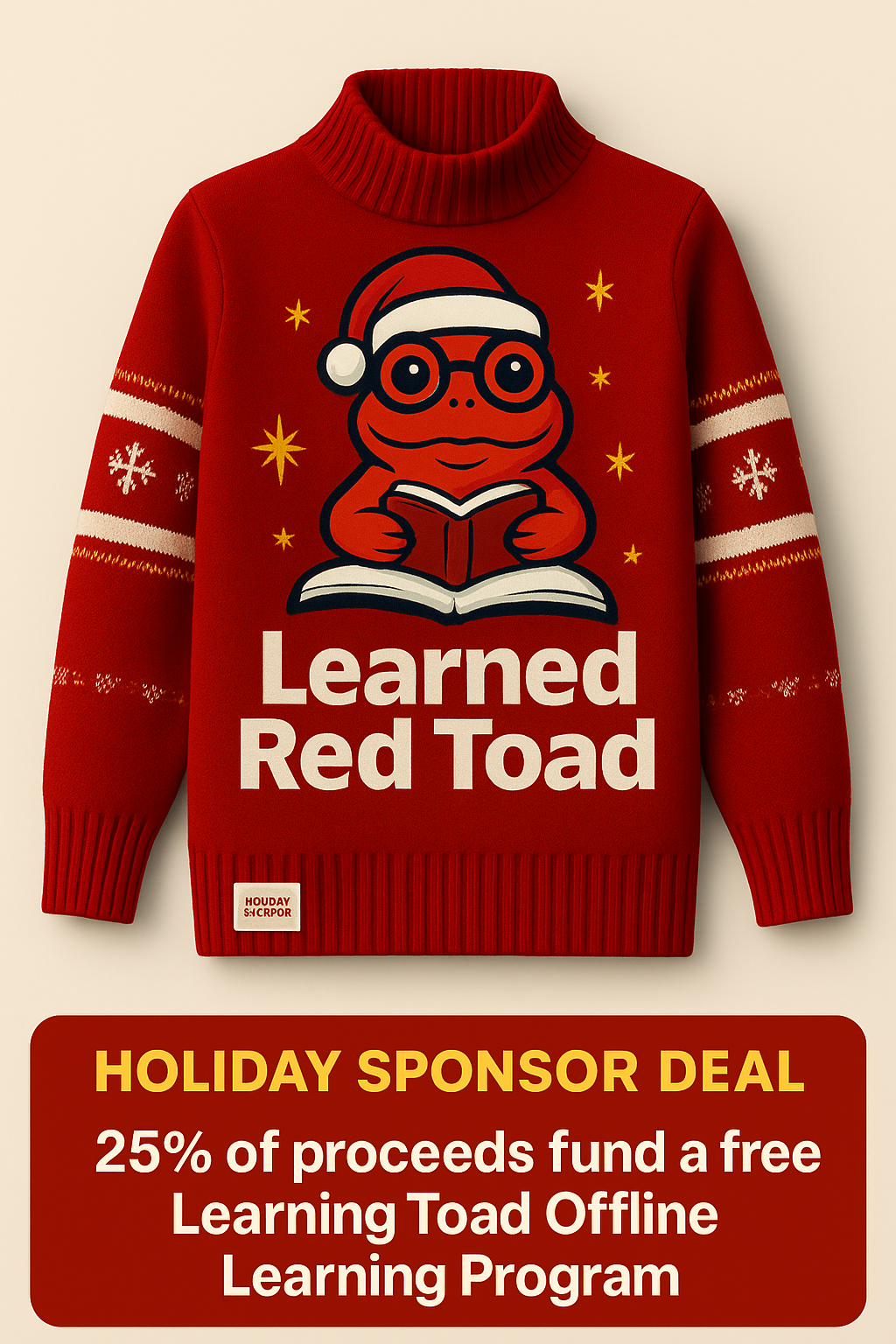 Holiday sponsor sweater with Learned Red Toad